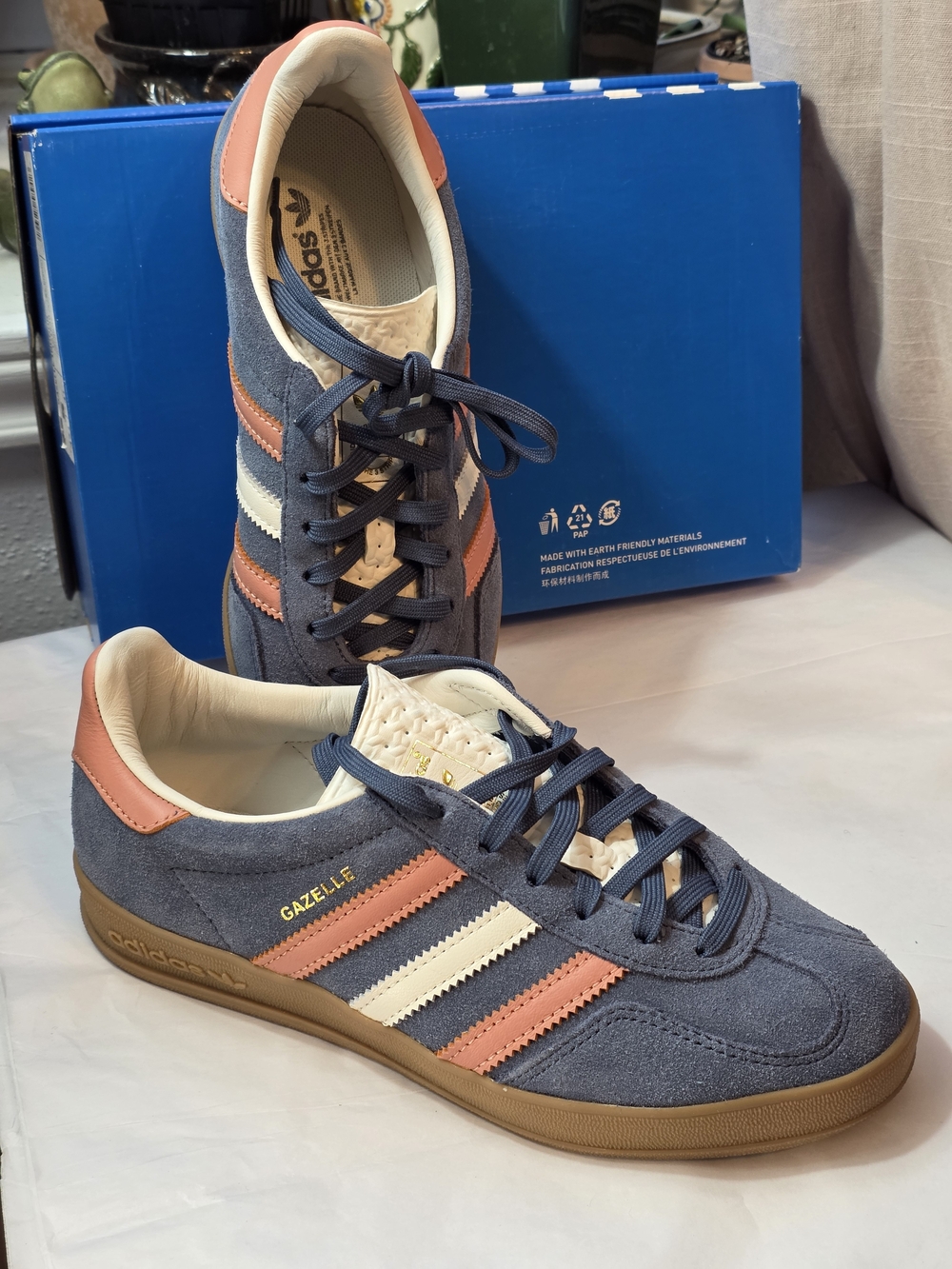 adidas Gazelle Suede Sneakers in Blue with Pink & White Stripes